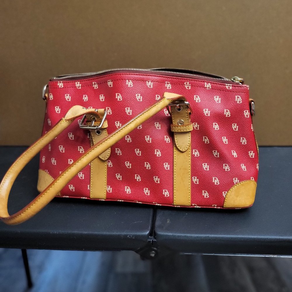 Vintage Dooney & Bourke Red/Cream Monogram Satchel, Vachetta Leather Trim